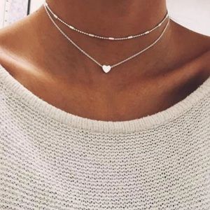Layered Silver Small Heart Pendant Necklace